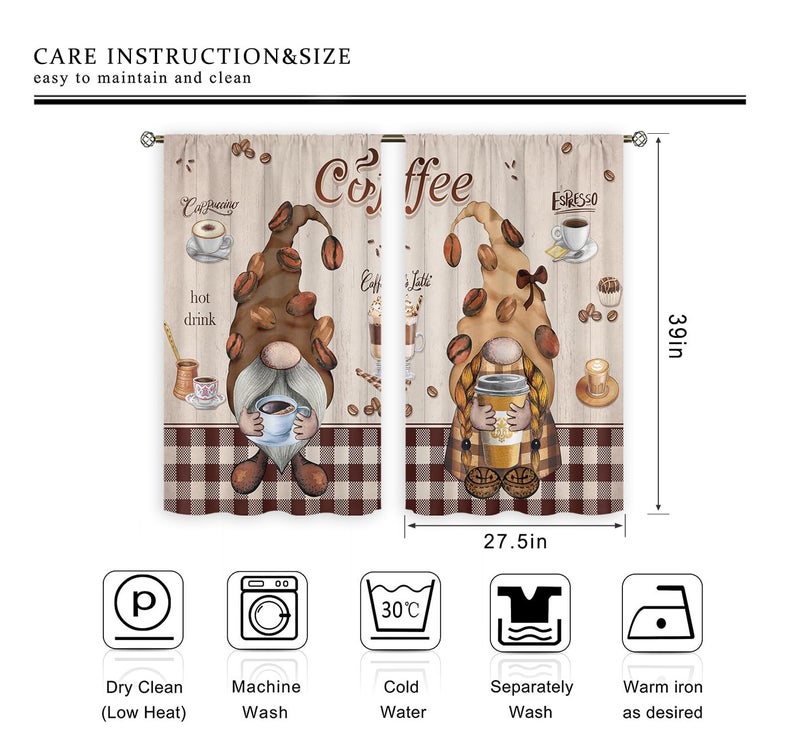Cinbloo Dwarfs Coffee Kitchen Curtains 27.5Wx39H Inch Rod Pocket Funny Gnomes Coffee Curtains for Kitchen Vintage Cafe Bar Decor Brown Beige Buffalo Plaid Small Short Window Drapes Fabric 2 Panels - Image 5