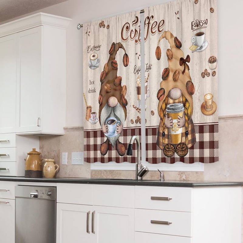 Cinbloo Dwarfs Coffee Kitchen Curtains 27.5Wx39H Inch Rod Pocket Funny Gnomes Coffee Curtains for Kitchen Vintage Cafe Bar Decor Brown Beige Buffalo Plaid Small Short Window Drapes Fabric 2 Panels - Image 3