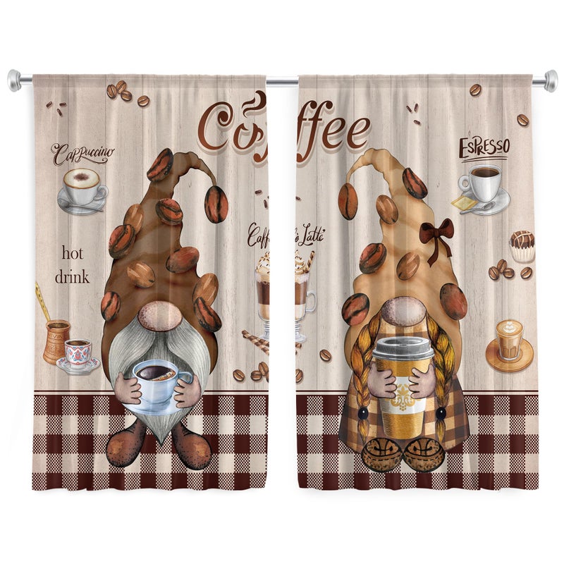 Cinbloo Dwarfs Coffee Kitchen Curtains 27.5Wx39H Inch Rod Pocket Funny Gnomes Coffee Curtains for Kitchen Vintage Cafe Bar Decor Brown Beige Buffalo Plaid Small Short Window Drapes Fabric 2 Panels - Image 4