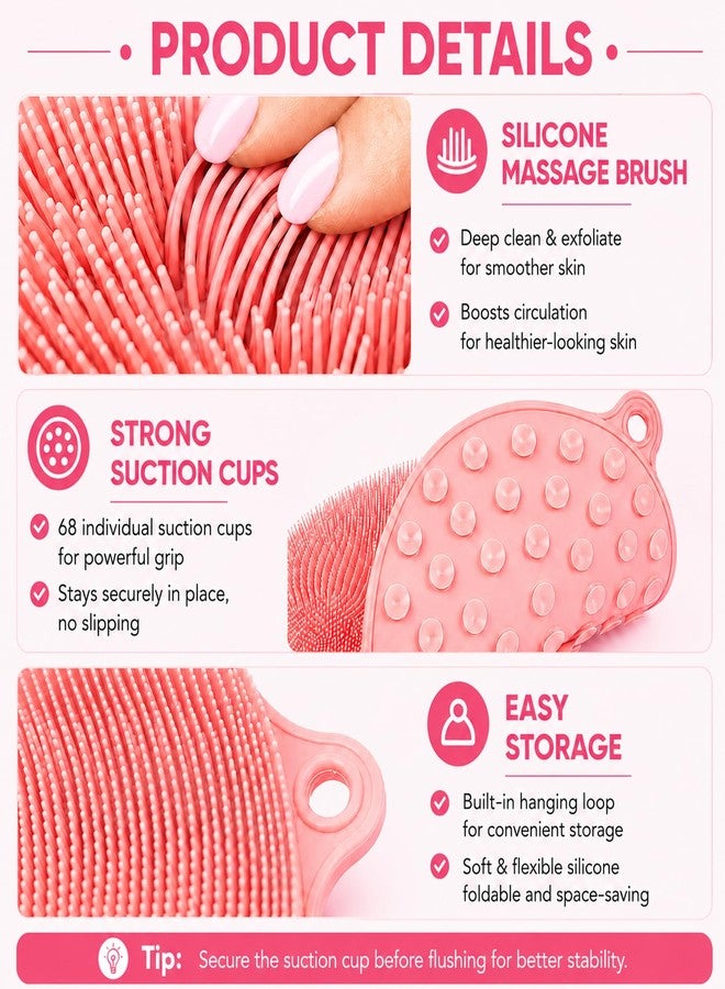 BARRYSAIL 21.3" Silicone Foot & Back Scrubber Mat, Non-Slip Suction Cups Pink - Image 2