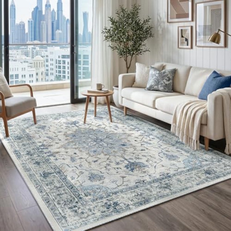 Living Room Rug 120×180cm Machine Washable Rugs Vintage Floral Polyester Carpet Anti-Slip Carpet with Print Pattern for Bedroom Dining Room Blue/Grey - Image 1