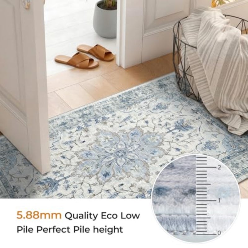 Living Room Rug 120×180cm Machine Washable Rugs Vintage Floral Polyester Carpet Anti-Slip Carpet with Print Pattern for Bedroom Dining Room Blue/Grey - Image 3
