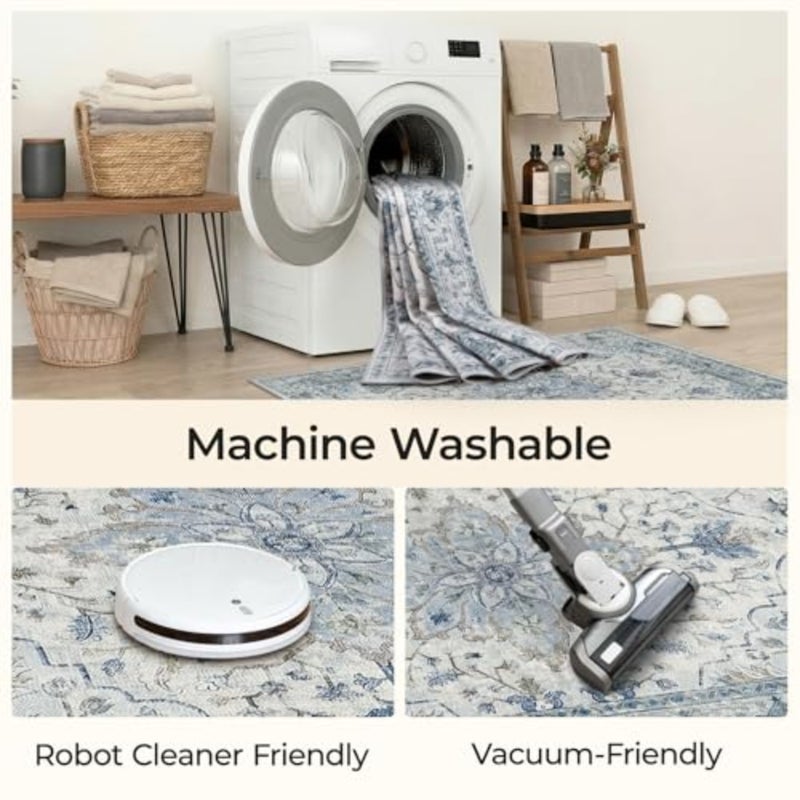 Living Room Rug 120×180cm Machine Washable Rugs Vintage Floral Polyester Carpet Anti-Slip Carpet with Print Pattern for Bedroom Dining Room Blue/Grey - Image 4