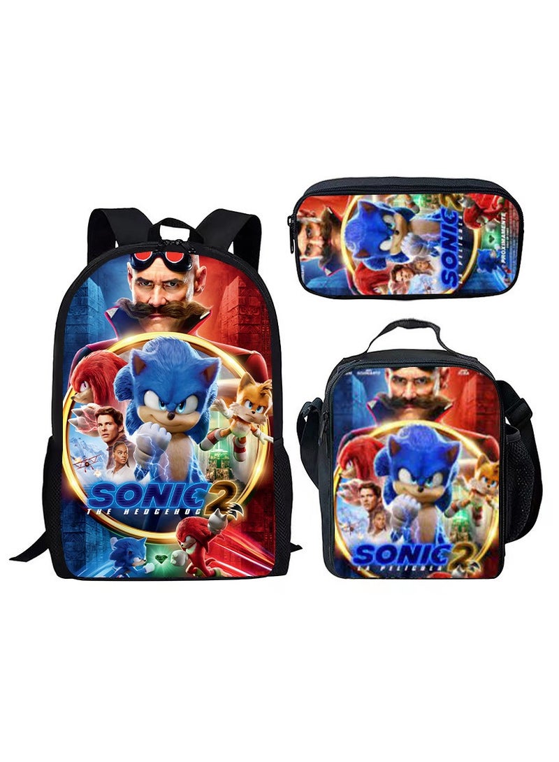 Sonic Primary School Backpack Cartoon Anime Backpack Messenger Bag Pencil Case Three-Piece Set 29*16*42cm