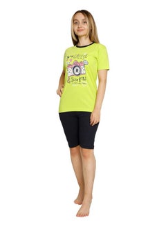 Ayans Teenager Girl's Pajama Set T-Shirt and Shorts Turkish Cotton Sleepwear Homewear Yellow Green/Navy  - Image 2
