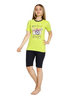 Ayans Teenager Girl's Pajama Set T-Shirt and Shorts Turkish Cotton Sleepwear Homewear Yellow Green/Navy  - Image 1