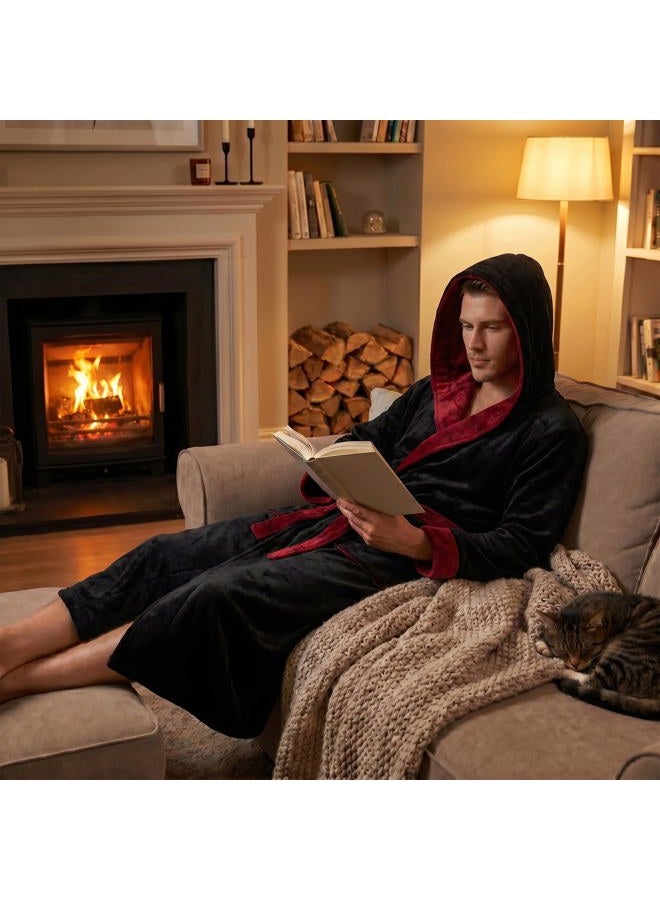 U2SKIIN Mens Hooded Robe, Plush Robes for Men Long Fleece Bathrobe, Black/Dark Red Hooded, S-M - Image 4