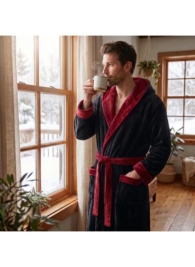 U2SKIIN Mens Hooded Robe, Plush Robes for Men Long Fleece Bathrobe, Black/Dark Red Hooded, S-M - Image 2