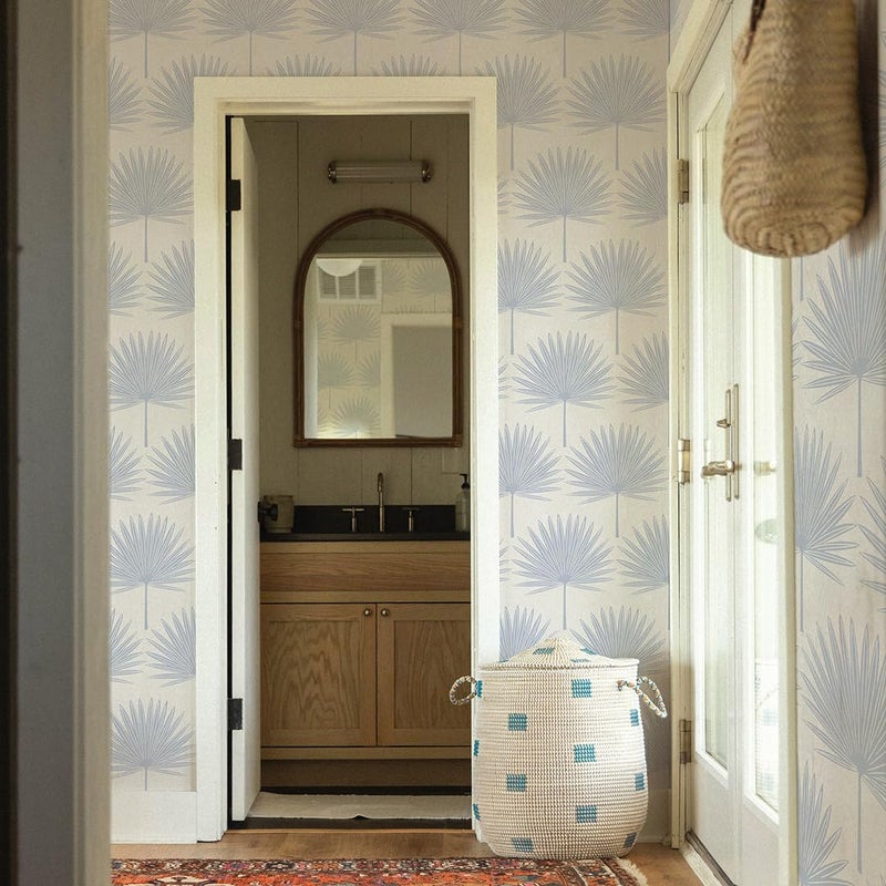 Tempaper Powder Blue & Off-White Stamped Palm Removable Peel and Stick Boho Wallpaper, 20.5 in X 16.5 ft, Made in The USA - Image 2