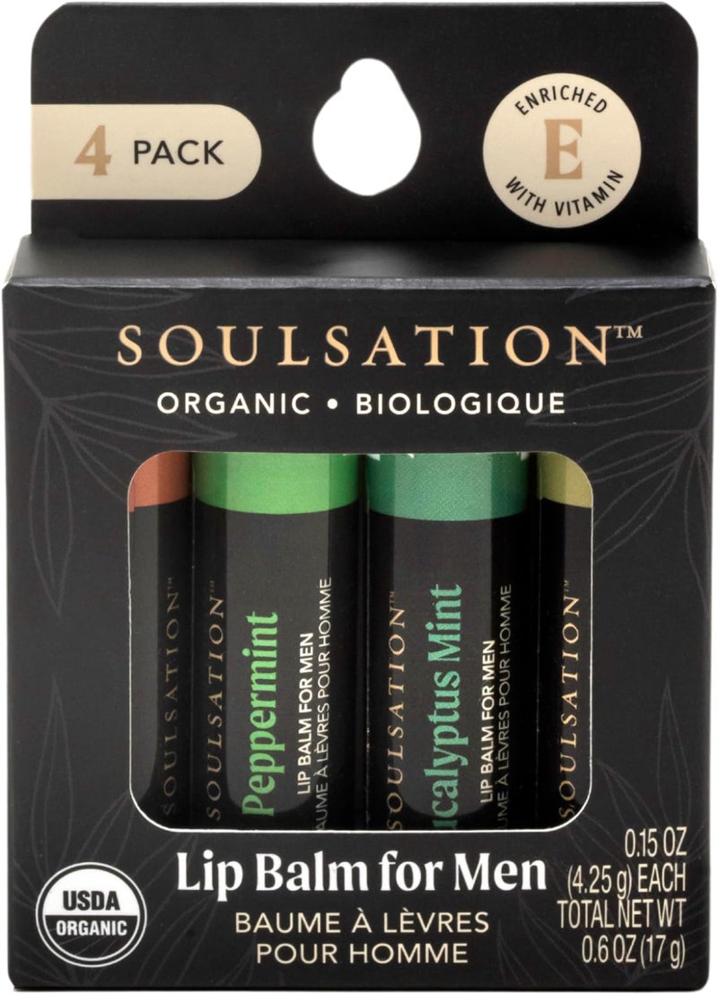 SOULSATION مجموعة بلسم الشفاه العضوي سولساشن للرجال - 4 نكهات - 100% مرطب طبيعي للشفاه المتشققة والجافة - Image 1
