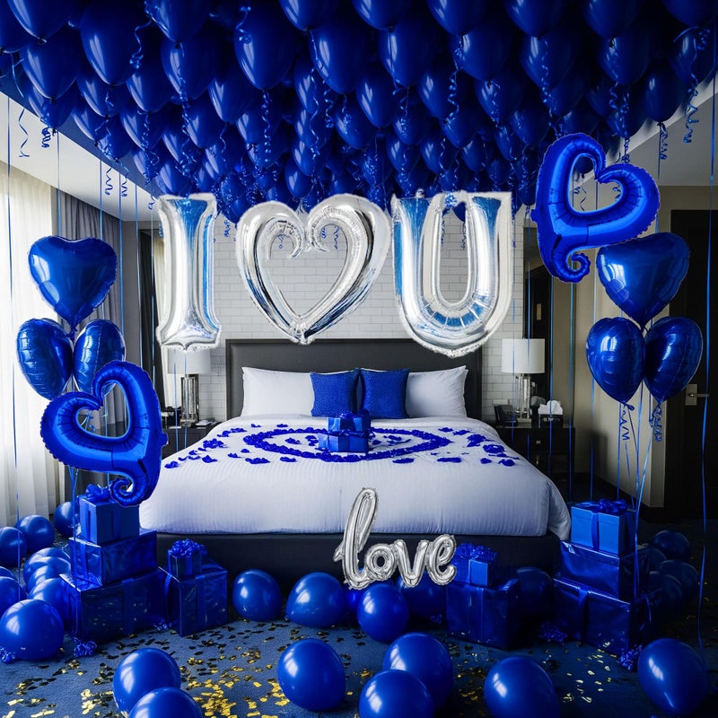 yeewaka I Love You Balloons for Him/Her Balloons Royal Blue Sliver romantic balloon kit with blue heart mylar balloons blue rose petals for hotel Decorations Valentines Party wedding anniversary supplies - Image 2