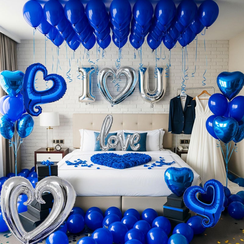 yeewaka I Love You Balloons for Him/Her Balloons Royal Blue Sliver romantic balloon kit with blue heart mylar balloons blue rose petals for hotel Decorations Valentines Party wedding anniversary supplies - Image 4