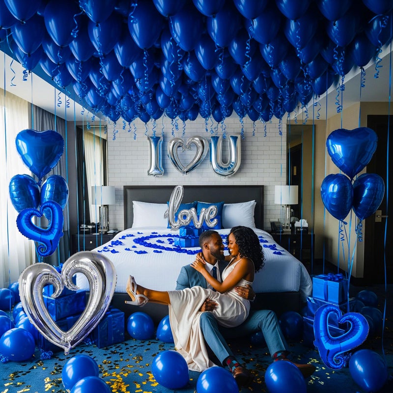 yeewaka I Love You Balloons for Him/Her Balloons Royal Blue Sliver romantic balloon kit with blue heart mylar balloons blue rose petals for hotel Decorations Valentines Party wedding anniversary supplies - Image 3