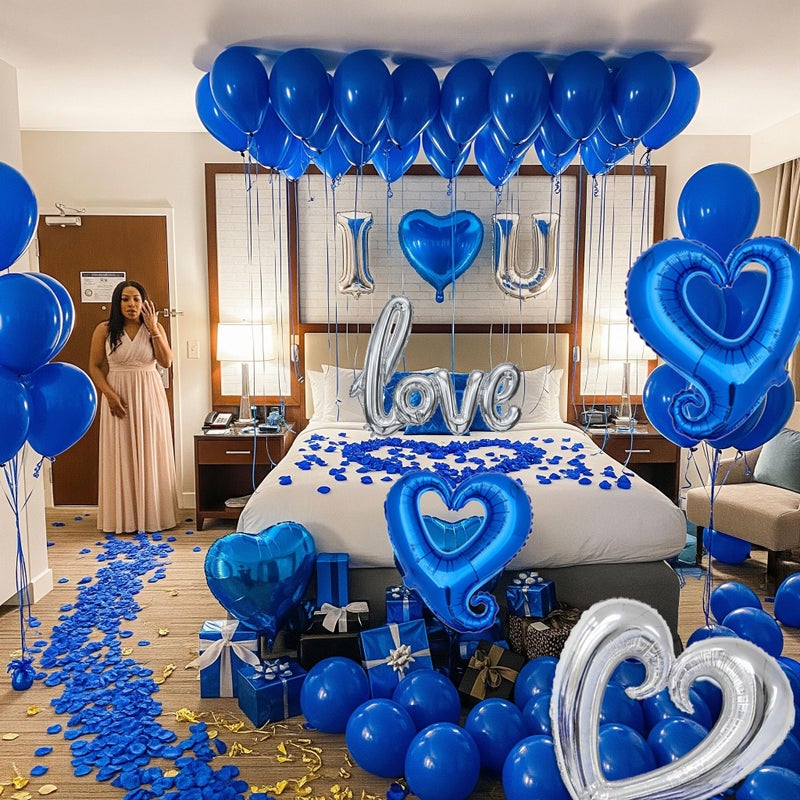 yeewaka I Love You Balloons for Him/Her Balloons Royal Blue Sliver romantic balloon kit with blue heart mylar balloons blue rose petals for hotel Decorations Valentines Party wedding anniversary supplies - Image 5