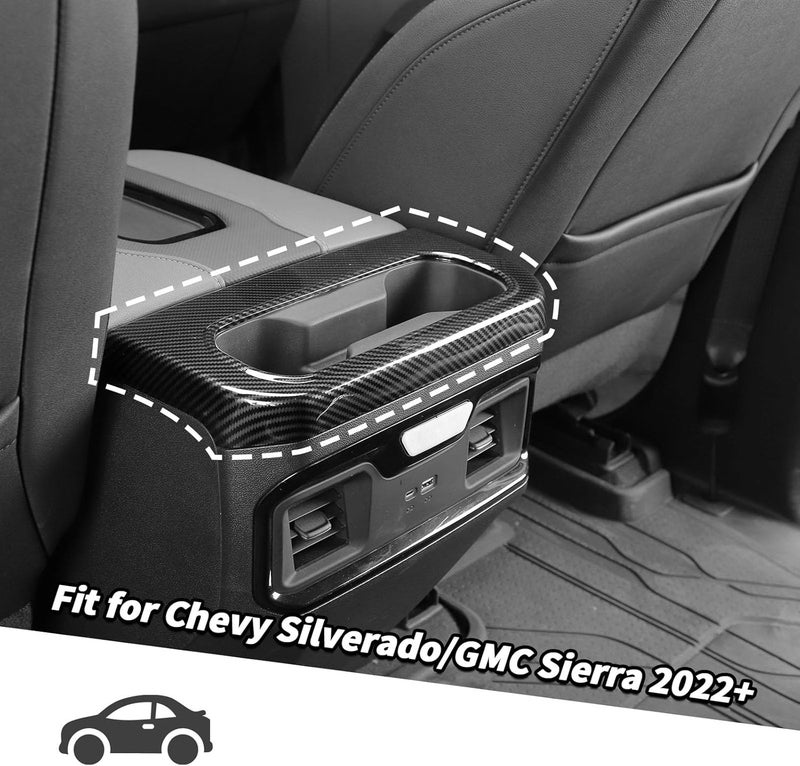 Jimen Center Console Rear Cup Holder Panel Cover Trim for Chevrolet Silverado/GMC Sierra 2022-2024 - Carbon Fiber - Image 2