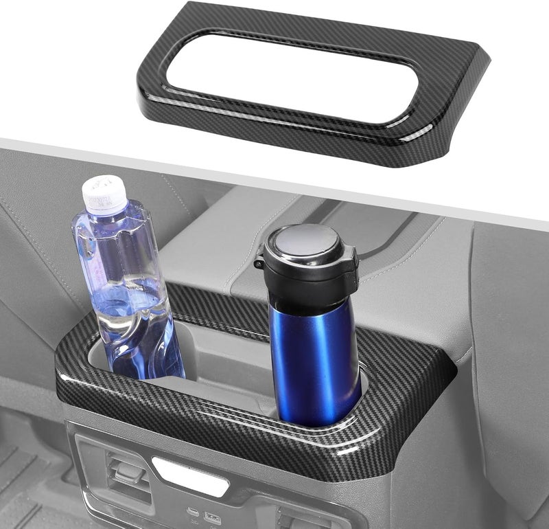 Jimen Center Console Rear Cup Holder Panel Cover Trim for Chevrolet Silverado/GMC Sierra 2022-2024 - Carbon Fiber - Image 1
