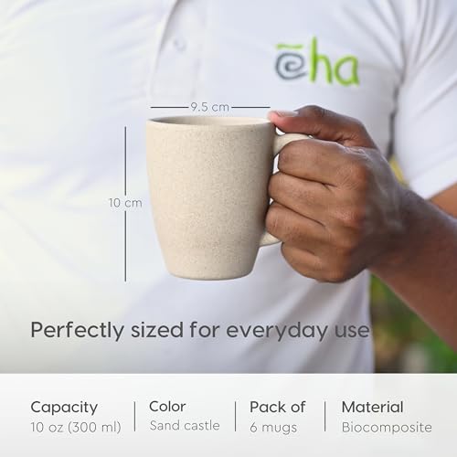 Eha Set of 6 Earth-Friendly Classic Coffee Mug | 300 ml | Made with Rice Husk & Bamboo Fibers | Microwave Safe (Reheat only) | for Hot & Cold Coffee, Milk & Tea Cup | Matte Finish Mugs | Sand Castle - Image 2