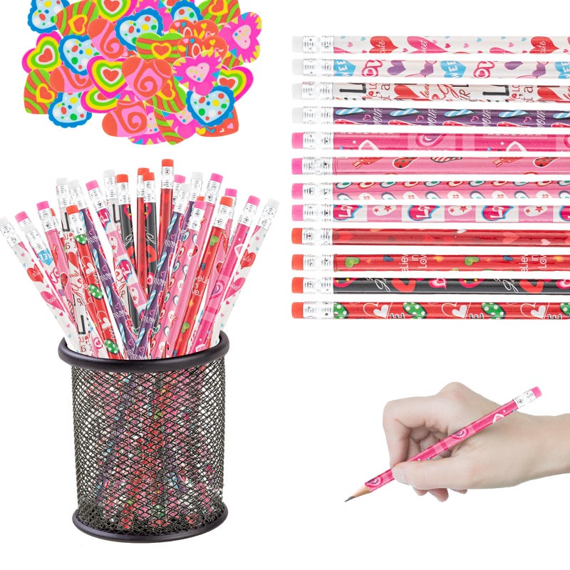 Jocomoni Valentine's Day Pencil Sets Assorted Pattern Pencil with Heart Erasers Colorful Valentines Stationery for Valentine's Day Bag Filler Gift Prize Party Favor Classroom Reward (48pcs) - Image 1