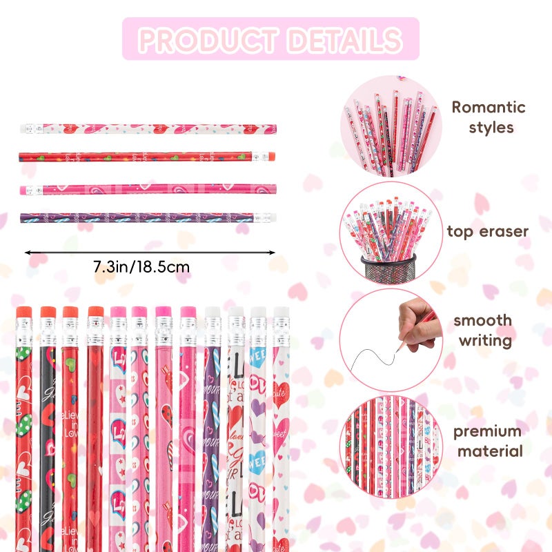 Jocomoni Valentine's Day Pencil Sets Assorted Pattern Pencil with Heart Erasers Colorful Valentines Stationery for Valentine's Day Bag Filler Gift Prize Party Favor Classroom Reward (48pcs) - Image 3