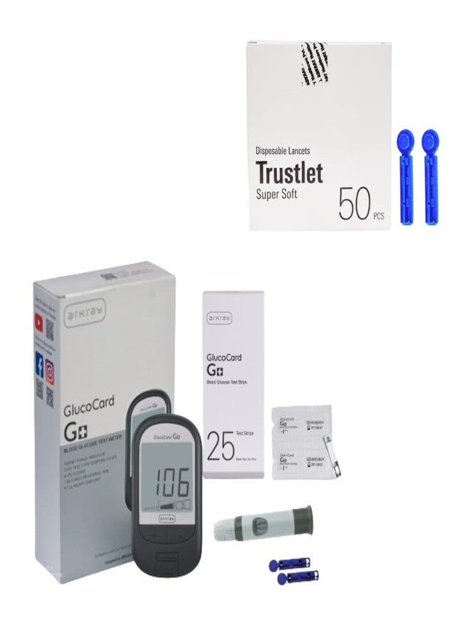 ARKRAY GlucoCard G+ Diabetes Kit with 25 Individually pack strips + FREE 50 Trustlet Super soft Lancet - Image 1