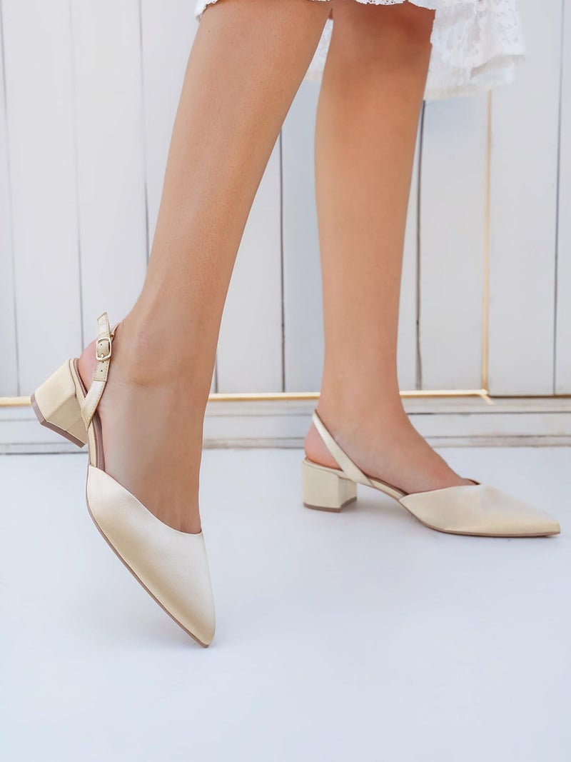 Coutgo Womens Low Chunky Heels Slingback Closed Pointed Toe Pumps Party Wedding Dress Shoes, Champagne Gold, Size 7 - Image 3