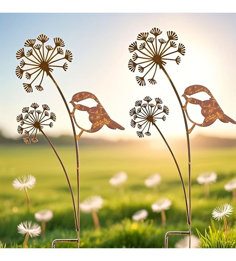 One Metal Rust Colored Dandelion Bird Garden Stake Decoration Weatherproof - Image 1