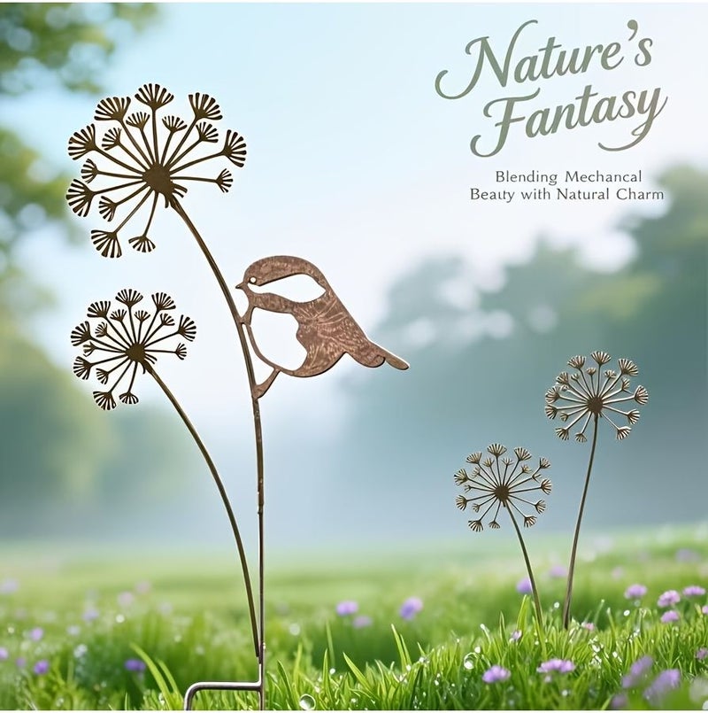 One Metal Rust Colored Dandelion Bird Garden Stake Decoration Weatherproof - Image 2