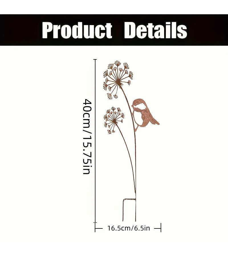One Metal Rust Colored Dandelion Bird Garden Stake Decoration Weatherproof - Image 3
