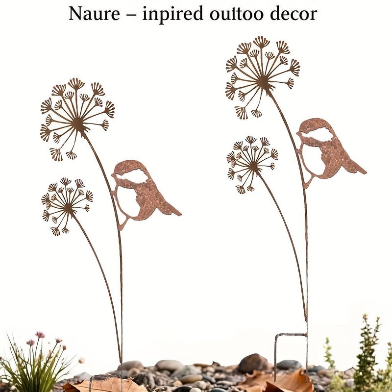 One Metal Rust Colored Dandelion Bird Garden Stake Decoration Weatherproof - Image 5