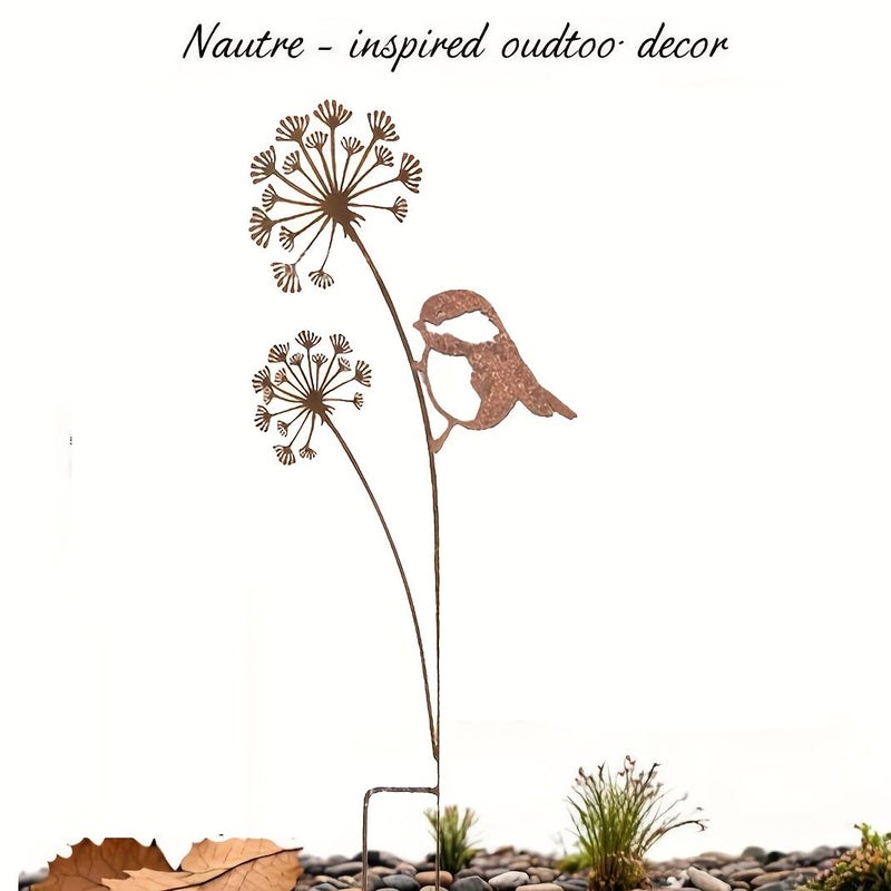 One Metal Rust Colored Dandelion Bird Garden Stake Decoration Weatherproof - Image 4