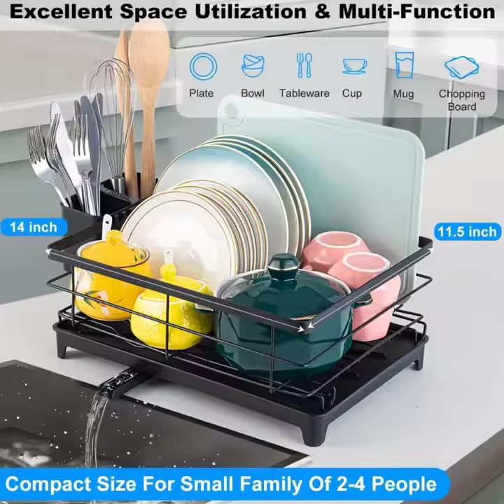 HAKKU Kitchen Dish Rack Drainer | Drying Rack with Removable Drain Board, Tier Large, Size (39L*29W*12H cm) (New Black Rack) - Image 5