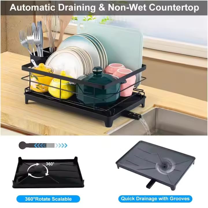 HAKKU Kitchen Dish Rack Drainer | Drying Rack with Removable Drain Board, Tier Large, Size (39L*29W*12H cm) (New Black Rack) - Image 4