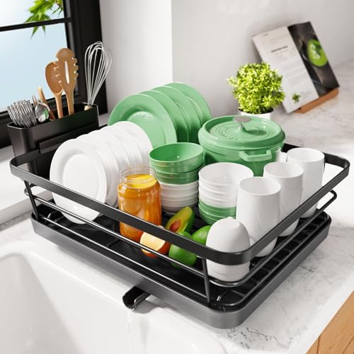 HAKKU Kitchen Dish Rack Drainer | Drying Rack with Removable Drain Board, Tier Large, Size (39L*29W*12H cm) (New Black Rack) - Image 1