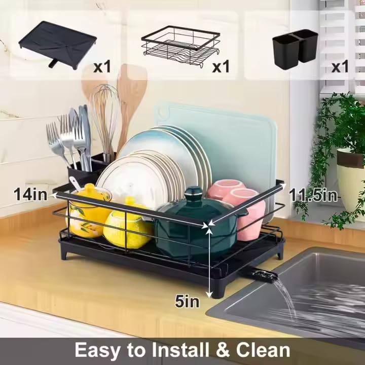 HAKKU Kitchen Dish Rack Drainer | Drying Rack with Removable Drain Board, Tier Large, Size (39L*29W*12H cm) (New Black Rack) - Image 3