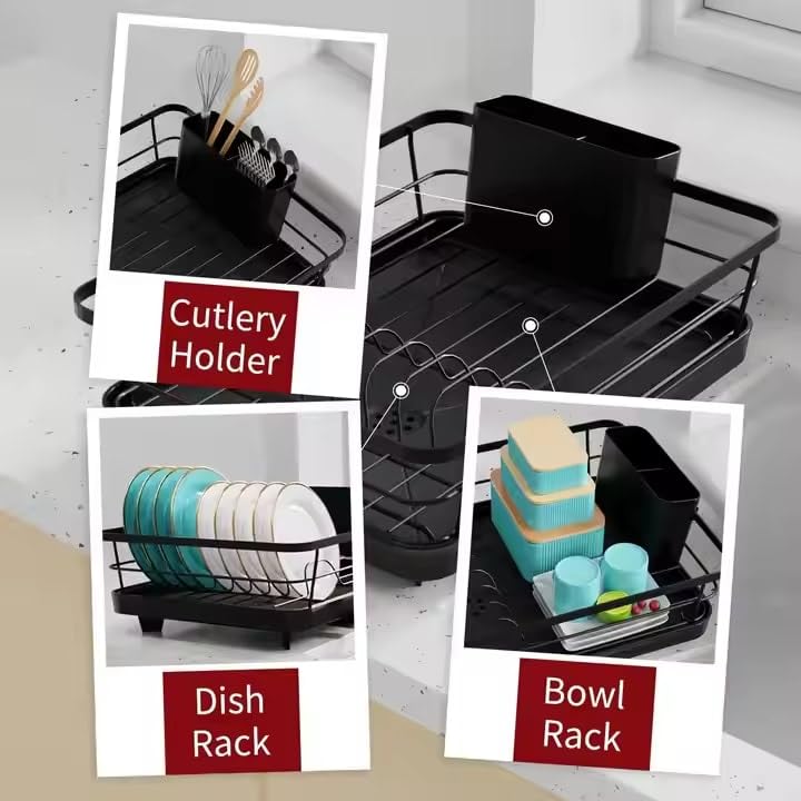 HAKKU Kitchen Dish Rack Drainer | Drying Rack with Removable Drain Board, Tier Large, Size (39L*29W*12H cm) (New Black Rack) - Image 2