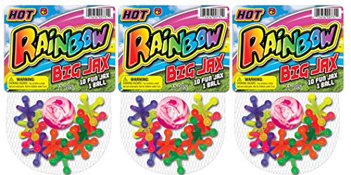 Ja-Ru JARU Rainbow Jax Toy Set 3 Pack Big Plastic Jacks Game with Ball for Kids and Adults Neon Colored Toy Jacks Fun Vintage Retro Toy Stocking Stuffers Party Favor Birthday Gifts Bulk 7313A - Image 1