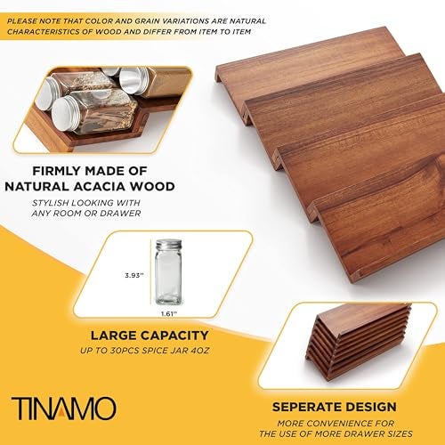 Tinamo Acacia Wooden Spice Rack Organizer for Cabinet - Spice Drawer Insert, Spice Organization for Cabinet, Seasoning Organizer, Spice Holder Pack of 4 (Acacia pack 4) - Image 4