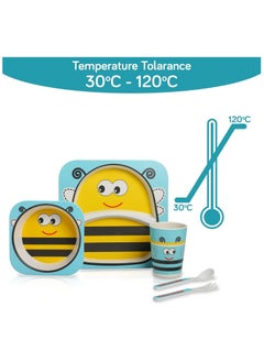 YOMNA Bamboo Baby Toddler Tableware Set, Eco Friendly Bamboo Fibre Dinner Set for Toddlers & Kids, Self Feeding Baby Utensil Set of 5 Pcs, Baby Utensil with Multicolor Cartoon Motifs (Honey Bee)  - Image 2