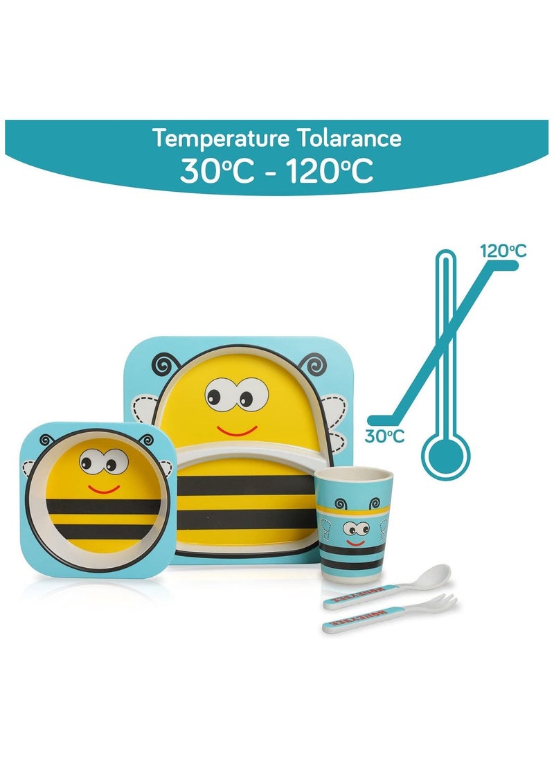 YOMNA - Bamboo Baby Toddler Tableware Set, Eco Friendly Bamboo Fibre Dinner Set for Toddlers & Kids, Self Feeding Baby Utensil Set of 5 Pcs, Baby Utensil with Multicolor Cartoon Motifs (Honey Bee) - Image 1