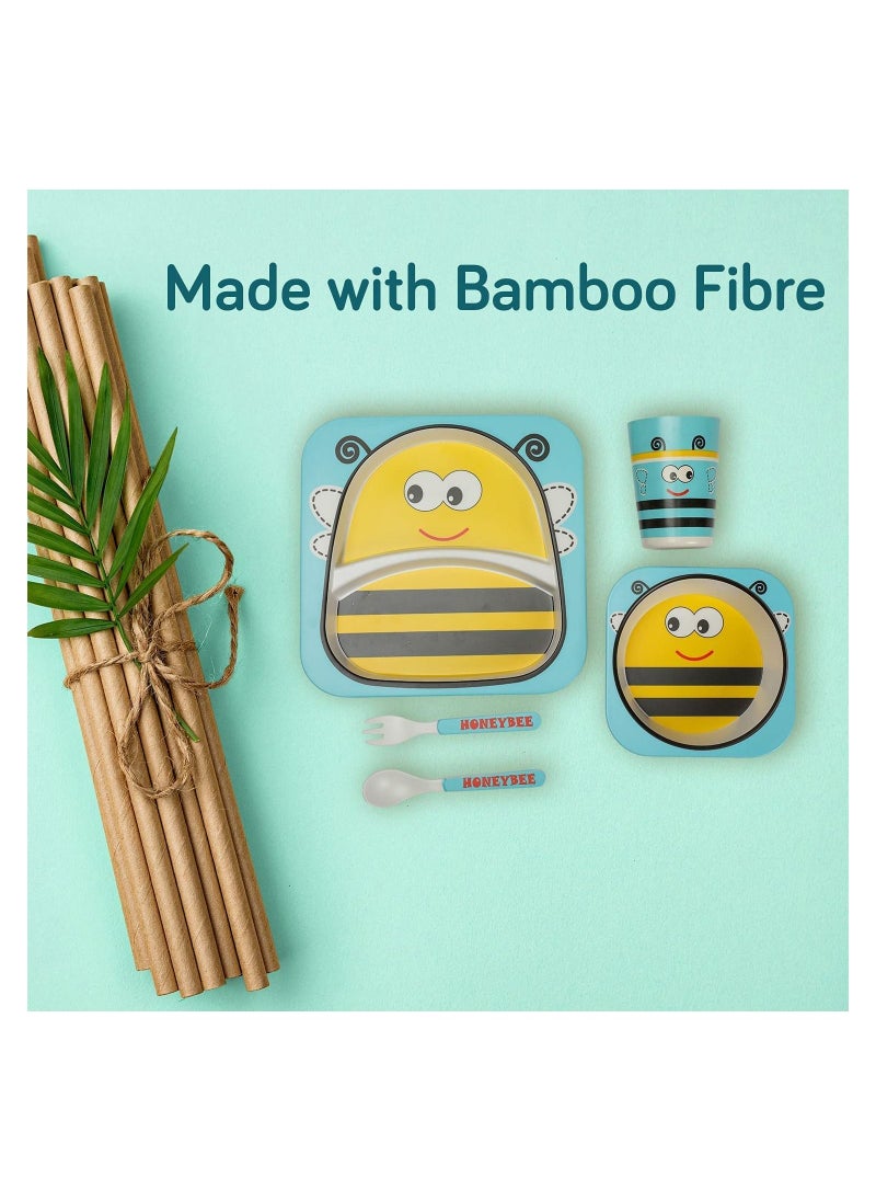 YOMNA - Bamboo Baby Toddler Tableware Set, Eco Friendly Bamboo Fibre Dinner Set for Toddlers & Kids, Self Feeding Baby Utensil Set of 5 Pcs, Baby Utensil with Multicolor Cartoon Motifs (Honey Bee) - Image 1