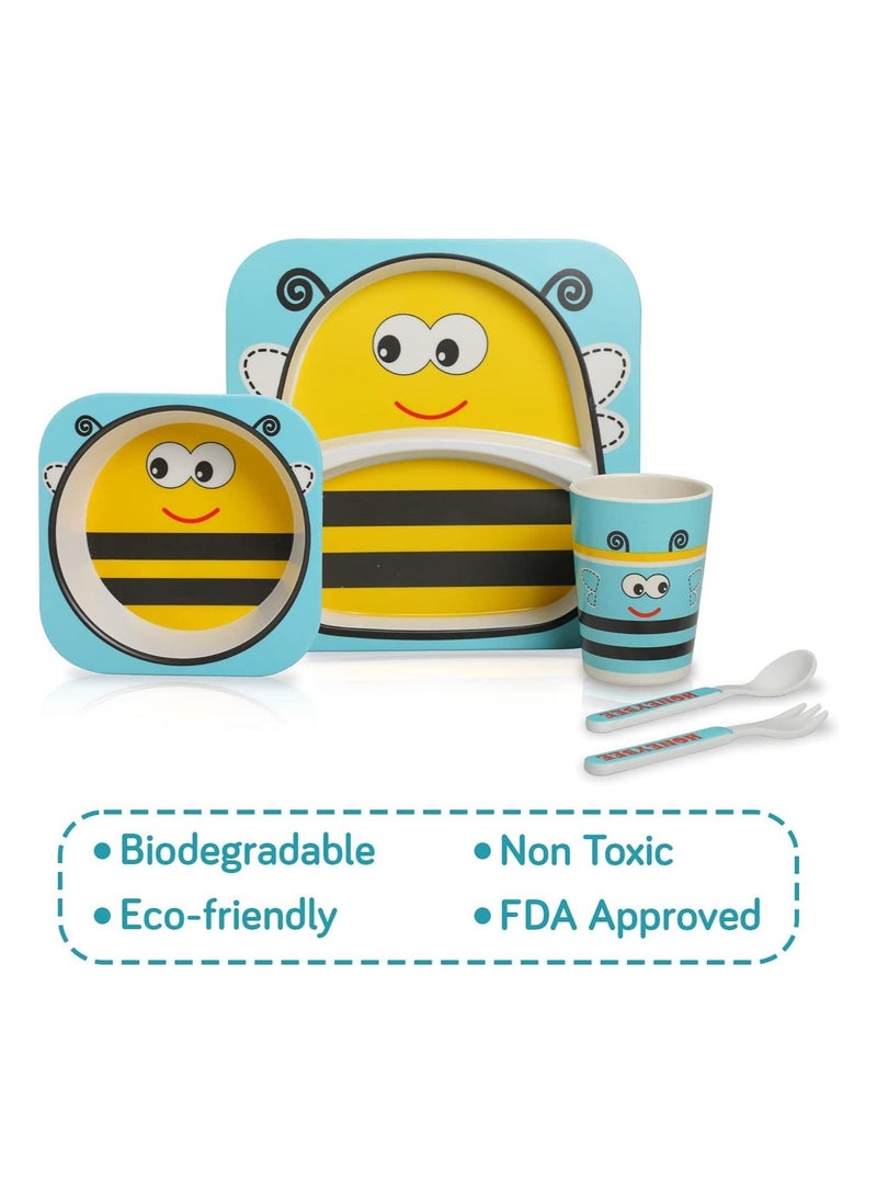 YOMNA - Bamboo Baby Toddler Tableware Set, Eco Friendly Bamboo Fibre Dinner Set for Toddlers & Kids, Self Feeding Baby Utensil Set of 5 Pcs, Baby Utensil with Multicolor Cartoon Motifs (Honey Bee) - Image 1