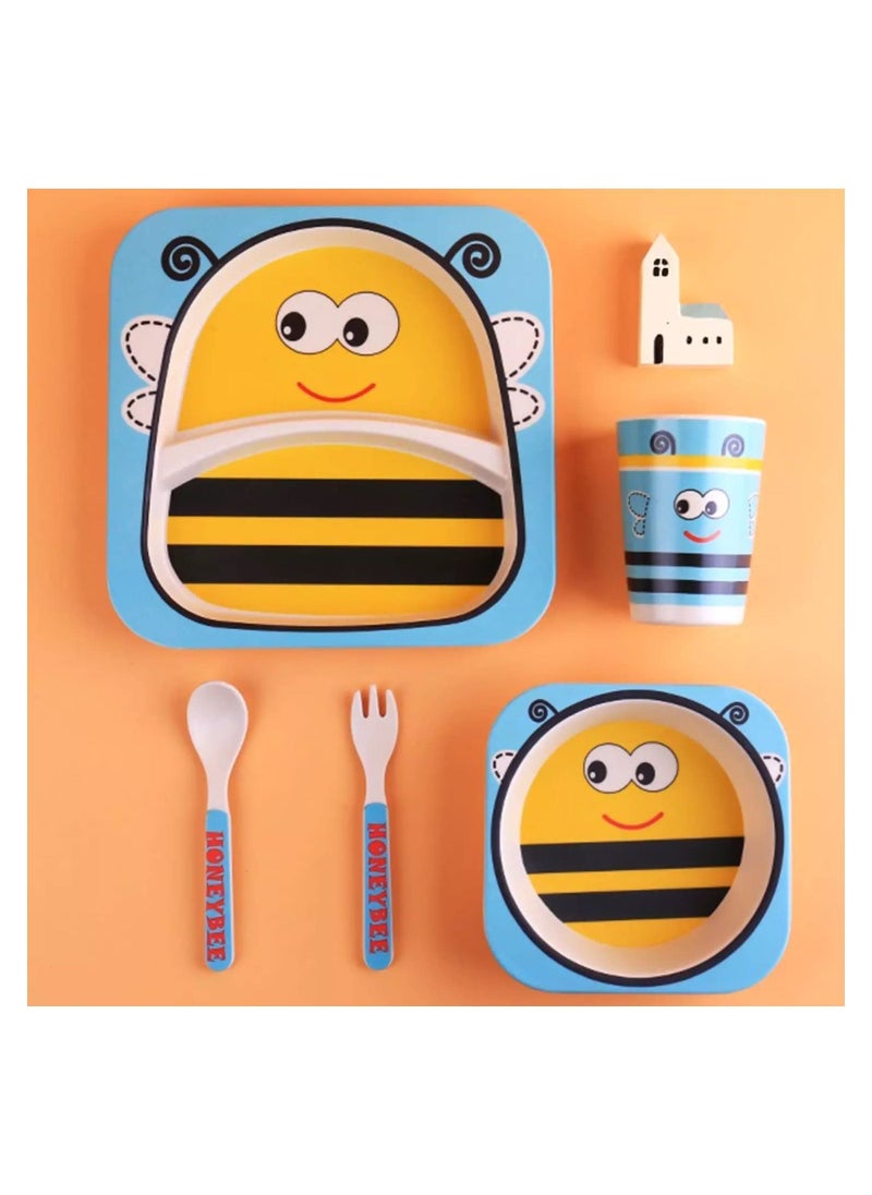 YOMNA - Bamboo Baby Toddler Tableware Set, Eco Friendly Bamboo Fibre Dinner Set for Toddlers & Kids, Self Feeding Baby Utensil Set of 5 Pcs, Baby Utensil with Multicolor Cartoon Motifs (Honey Bee) - Image 1