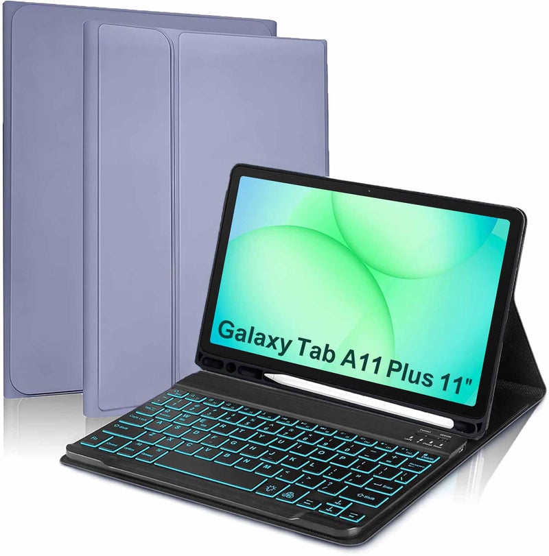 ProElite Keyboard case Cover for Samsung Galaxy Tab A11 Plus 11 inch 2025, Magnetic Detachable Wireless Bluetooth Keyboard Case with S Pen Holder Built-in 7-Colors Backlit, Lavender - Image 1