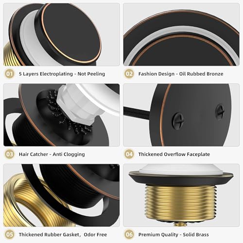 Sogmeter Oil Rubbed Bronze Tub Drain Kit with Hair Catcher, Premium Brass Tip-Toe Bathroom Tub Drain Replacement and 2-Hole Overflow Faceplate, 11.5/16 UNC Bathtub Drain Stopper Assembly - Image 2