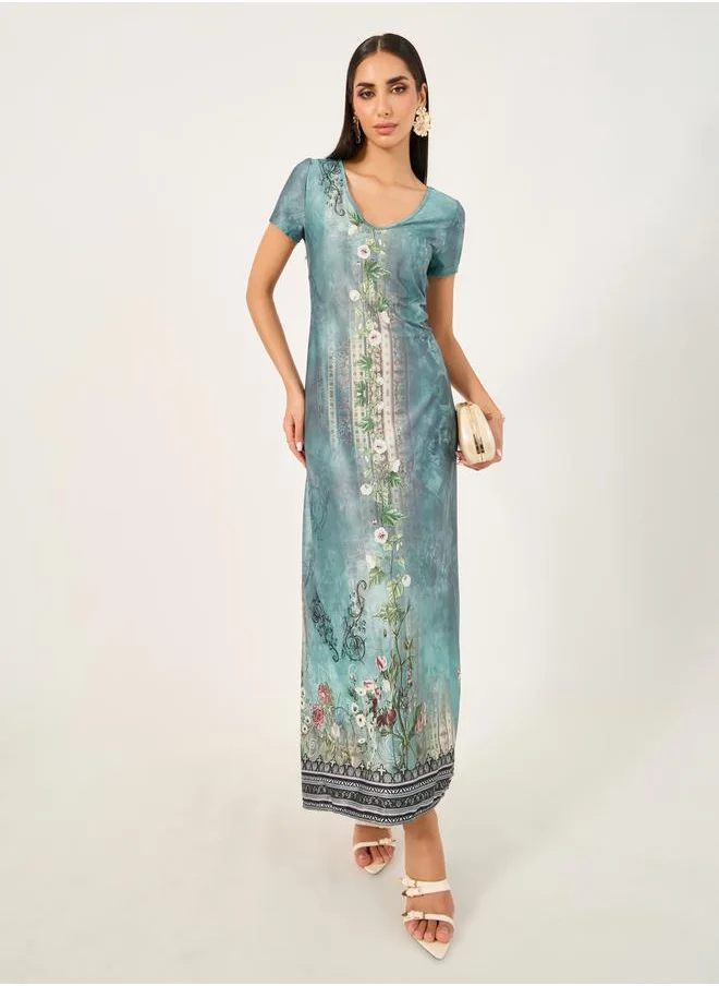 كوزى Allover Print Short Sleeve Maxi Dress