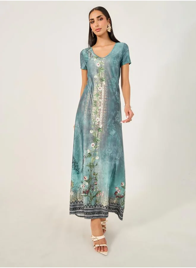 كوزى Allover Print Short Sleeve Maxi Dress