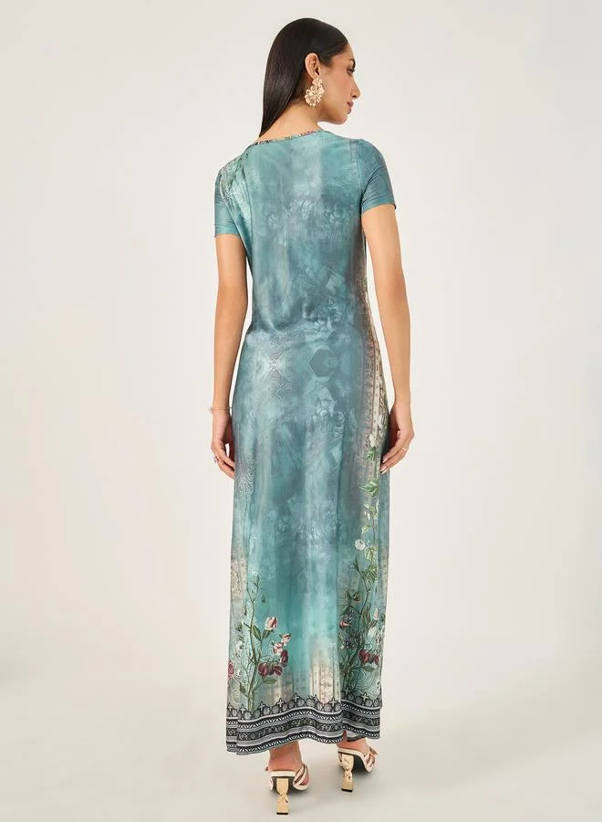 Styli Styli Allover Print Short Sleeve Maxi Dress