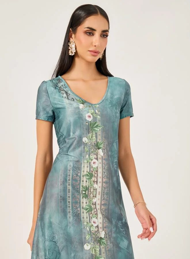 Styli Styli Allover Print Short Sleeve Maxi Dress