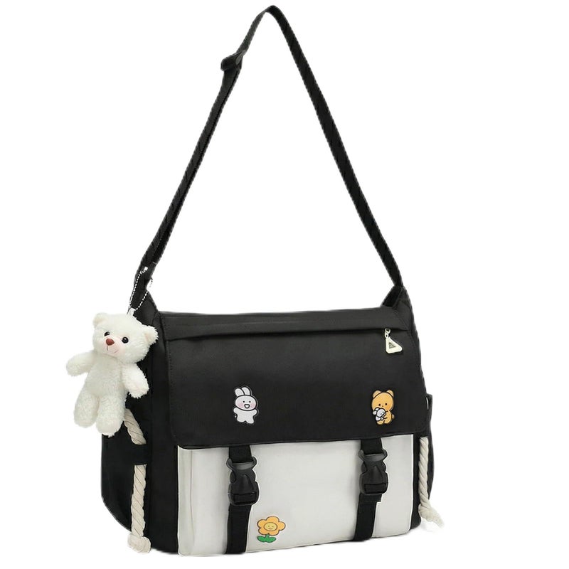 PRLINJSK Cute Messenger Bag for Teen Girls Women, Kawaii Crossbody Shoulder Purse with Pins and Stuffed Pendant Gift - Image 1