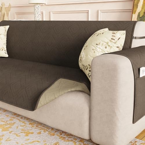 Lukzer 5 Seater Reversible Quilted Sofa Mat - Dot Frame Pattern | Dark Brown | 250 GSM Polyester Sofa Runner with Arms & Deep Storage Pocket | Machine Washable Sofa Cover with Elastic Belt (SC-212-05) - Image 1